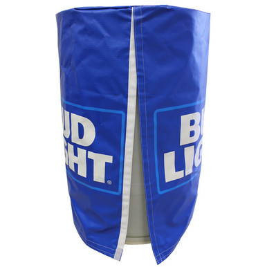 Hook & Loop Barrel Cover + Flap, blue barrel cover with hook and loop closure and flap for protect and secure beer or beverage barrels.