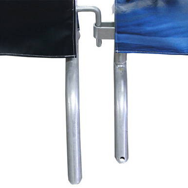 96" Crowd Control Barrier, close-up view of the metal legs and specifications of the barrier.
