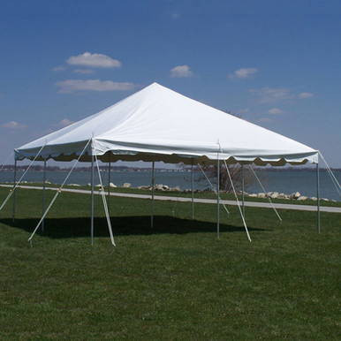 Celina Tent 20' x 20' Presto Series Pole Canopy, 1 Piece Tent Top, Complete, white outdoor event tent set up on grassy field under blue sky.
