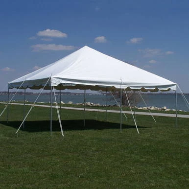 Celina Tent 20' x 20' Presto Series Pole Canopy, 1 Piece Tent Top, Complete, white outdoor event tent set up on grassy field under blue sky.