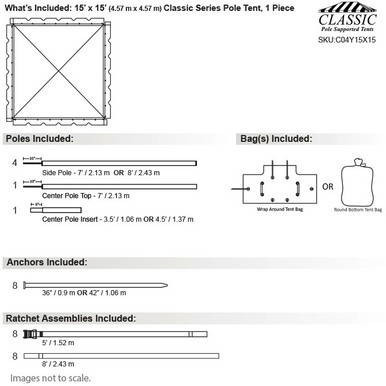 Celina Tent 15' x 15' Classic Series Pole Tent, 1 Piece Tent Top, Complete, with diagram of pole and anchor specifications.