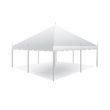 Celina Tent 20\' x 20\' Classic Series Pole Tent, 1 Piece Tent Top, Complete, white outdoor event tent with sturdy poles and peak roof design.