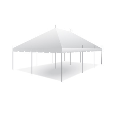 Celina Tent 20' x 30' Classic Series Pole Tent, 1 Piece Tent Top, Complete, displaying a large white outdoor canopy tent with multiple supporting poles and a peaked roof for events and gatherings.