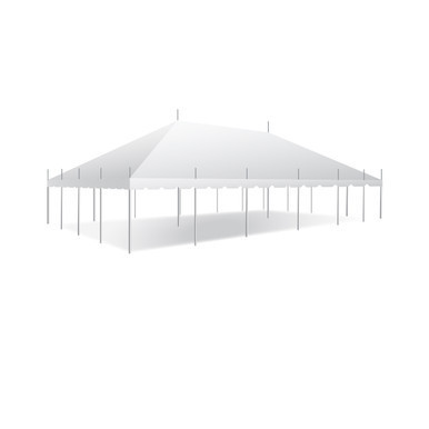 Celina Tent 30' x 50' Classic Series Pole Tent, 1 Piece Tent Top, Complete, white event tent with high peak roof and support poles on a white background.