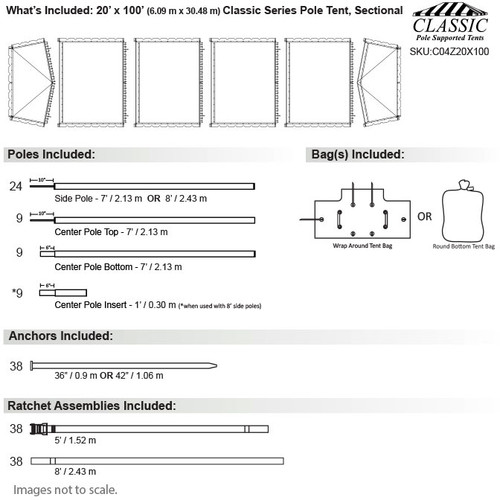 20' x 100' Classic Series Pole Tent, Sectional Tent Top, Complete