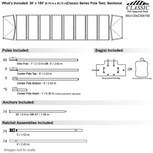 30' x 150' Classic Series Pole Tent, Sectional Tent Top, Complete