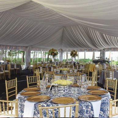 Celina Tent Frame Tent Liner 10' Gable End, elegant event tent interior with draped fabric ceiling and decorated tables for banquet or wedding reception.