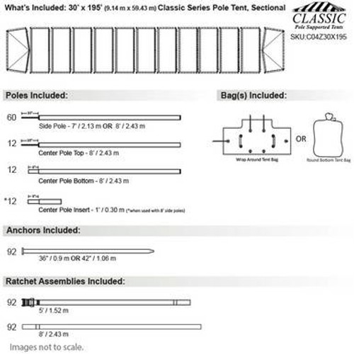 30' x 195' Classic Series Pole Tent, Sectional Tent Top, Complete 30' x 195' Classic Series Pole Tent, Sectional Tent Top, Complete