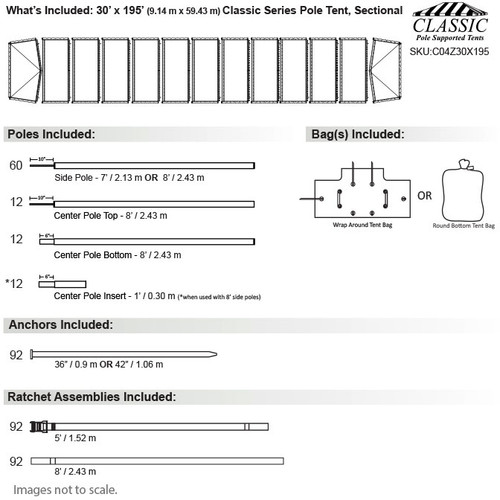 30' x 195' Classic Series Pole Tent, Sectional Tent Top, Complete
