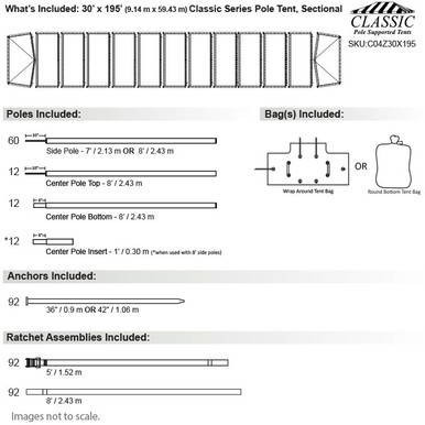 Celina Tent 30' x 195' Classic Series Pole Tent, Sectional Tent Top, Complete with detailed pole and component diagram for event or party tent setup.