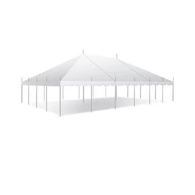 Celina Tent 30' x 45' Classic Series Pole Tent, sectional tent top, complete, in white with multiple support poles and a peaked roof design.