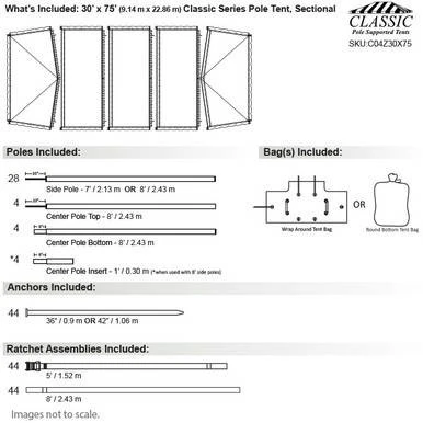 Celina Tent 30' x 75' Classic Series Pole Tent, sectional tent top, complete with pole and anchor specifications, sectioned diagram, and included accessories for event setup.