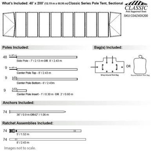 40' x 200' Classic Series Pole Tent, Sectional Tent Top, Complete 40' x 200' Classic Series Pole Tent, Sectional Tent Top, Complete