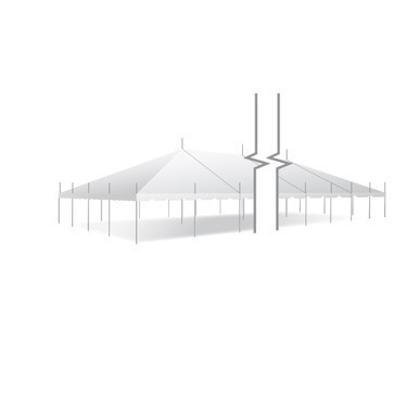 Celina Tent 40\' x 200\' Classic Series Pole Tent, Sectional Tent Top, Complete, detailed image of a large white sectional pole tent with support poles and a peaked roof for outdoor events.