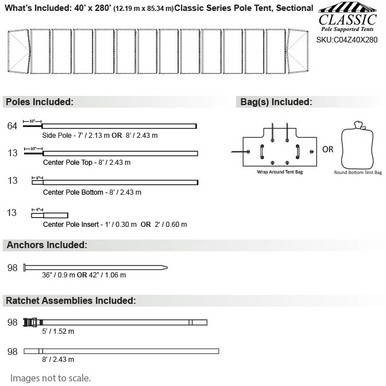 Celina Tent 40' x 280' Classic Series Pole Tent, Sectional Tent Top, Complete with detailed illustration of pole components, anchors, and ratchet assemblies for outdoor event setup.