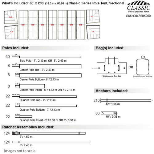 60' x 200' Classic Series Pole Tent, Sectional Tent Top, Complete