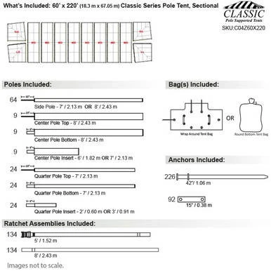 Celina Tent 60' x 220' Classic Series Pole Tent, Sectional Tent Top, Complete with detailed diagram of pole and component measurements for event or commercial use.