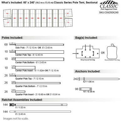 Celina Tent 60' x 240' Classic Series Pole Tent, Sectional Tent Top, Complete setup diagram with pole placements, bag options, anchors, and ratchet assemblies for event or reception use.