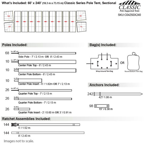 60' x 240' Classic Series Pole Tent, Sectional Tent Top, Complete