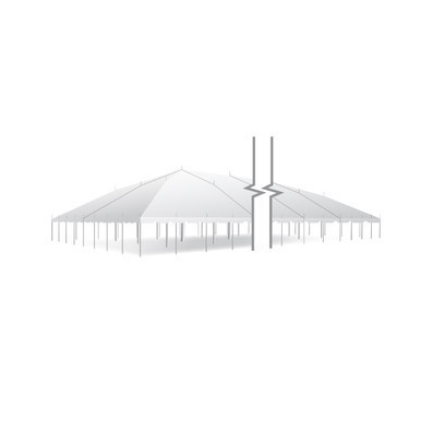 Celina Tent 60' x 280' Classic Series Pole Tent, Sectional Tent Top, Complete, image of a large white sectional pole tent with peak roof and supporting poles for outdoor event coverage.