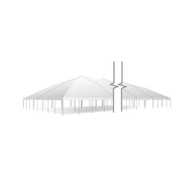 Celina Tent 60' x 340' Classic Series Pole Tent, Sectional Tent Top, Complete, showing the large white outdoor event tent with a high peak roof supported by multiple metal poles and sidewalls, designed for outdoor gatherings and events.