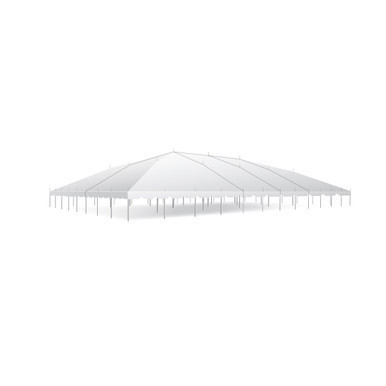 Celina Tent 80\' x 120\' Classic Series Pole Tent, Sectional Tent Top, Complete, image of a large, white, sectional pole tent with a peaked roof and sturdy support poles for outdoor events.