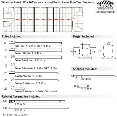 Celina Tent 80' x 260' Classic Series Pole Tent, Sectional Tent Top, Complete with detailed diagram of the tent layout, pole specifications, bag options, anchors, and ratchet assemblies, highlighting its large size and sectional design.