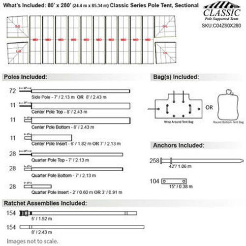 80' x 280' Classic Series Pole Tent, Sectional Tent Top, Complete 80' x 280' Classic Series Pole Tent, Sectional Tent Top, Complete