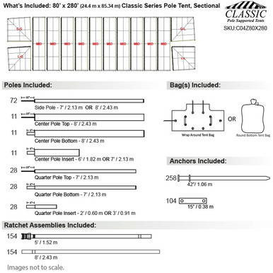 Celina Tent 80' x 280' Classic Series Pole Tent, Sectional Tent Top, Complete, detailed diagram showing components, poles, bags, anchors, and ratchet assemblies for a large commercial event tent.
