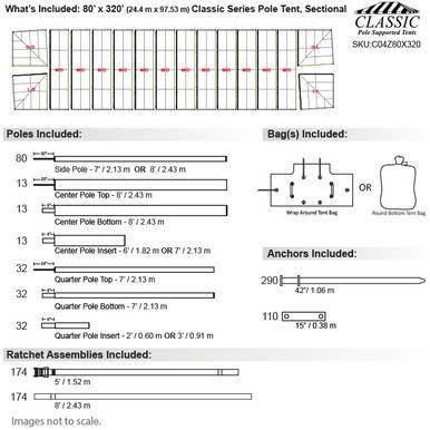 Celina Tent 80' x 320' Classic Series Pole Tent, Sectional Tent Top, Complete with detailed diagram showing pole dimensions, bag options, anchors, and ratchet assembly, ideal for large outdoor events.
