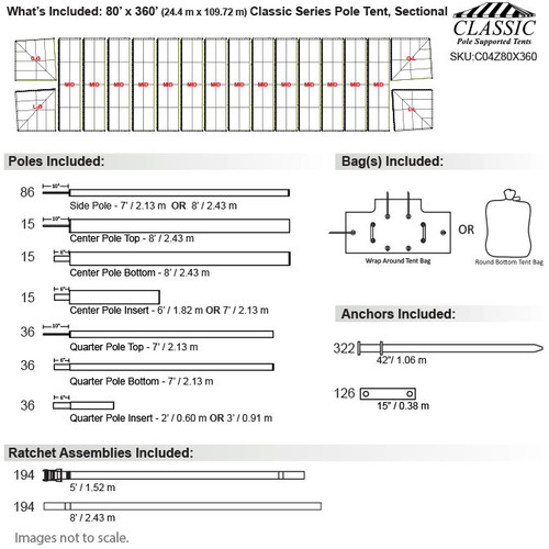 80' x 360' Classic Series Pole Tent, Sectional Tent Top, Complete