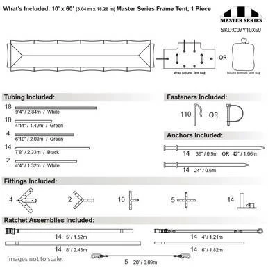 Celina Tent 10' x 60' Master Series Frame Tent, 1 Piece Tent Top, Complete, with diagram showing included tubing, fasteners, anchors, fittings, and ratchet assemblies for assembly.