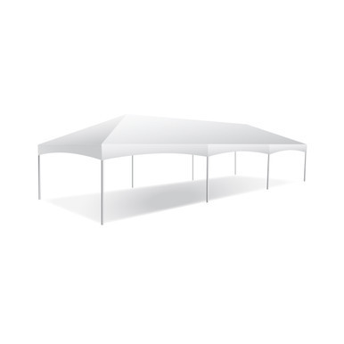 Celina Tent 15' x 45' Master Series Frame Tent, 1 Piece Tent Top, Complete, white polygonal outdoor event tent with support poles.
