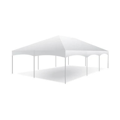 Celina Tent 20' x 30' Master Series Frame Tent, 1 Piece Tent Top, Complete, image of a large white event tent with a peaked roof and open sides.