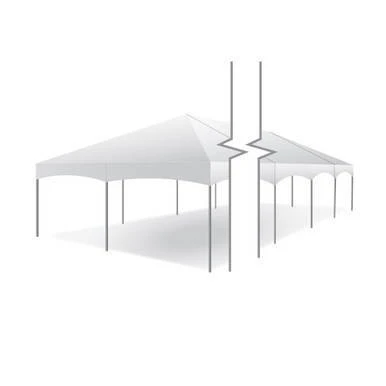 Celina Tent 20' x 100' Master Series Frame Tent, Sectional Tent Top, Complete, featuring a white, large-scale event tent with sturdy poles and a sectional design suitable for outdoor gatherings.
