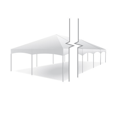 Celina Tent 20' x 50' Master Series Frame Tent, Sectional Tent Top, Complete, with white fabric and supporting poles for outdoor events.