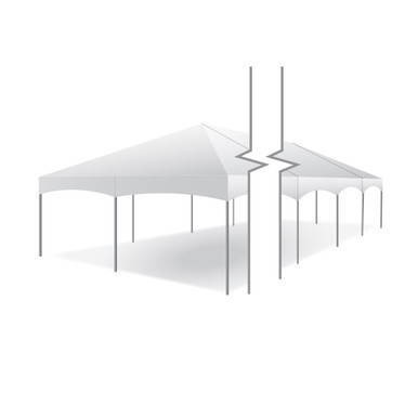Celina Tent 20' x 60' Master Series Frame Tent, Sectional Tent Top, Complete, white event tent with divided sections and metal poles.