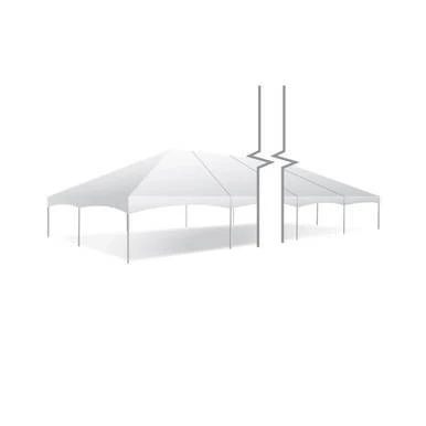 Celina Tent 30' x 150' Master Series Frame Tent, Sectional Tent Top, Complete, at an outdoor event, white sectional tent with multiple connected sections and sturdy support poles.