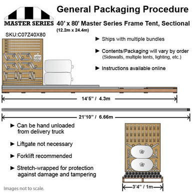 Celina Tent 40' x 80' Master Series Frame Tent, Sectional Tent Top, Complete, showing technical specifications and layout diagram.