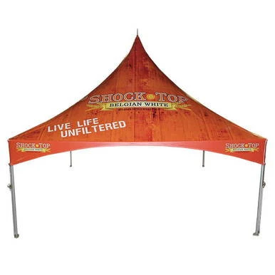 Celina Tent 20' x 20' Pinnacle Series High Peak Frame Tent / Cross Cable Marquee, complete, in orange with branding and metal support poles.