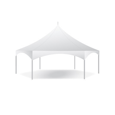 Celina Tent 30' Pinnacle Series Hexagon High Peak Frame Tent / Cross Cable Marquee, white hexagon-shaped event tent with high peaked roof and sturdy pole supports.