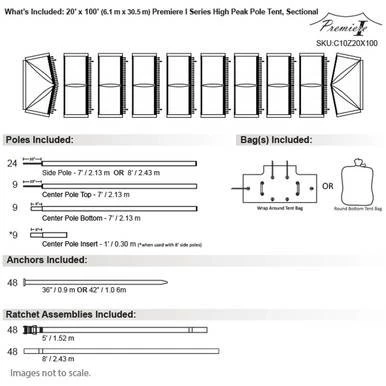 20' x 100' Premiere I Series High Peak Pole Tent, Sectional Tent Top, Complete, detailed diagram showing sections, poles, anchors, and ratchet assemblies.