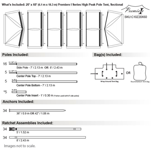 20' x 60' Premiere I Series High Peak Pole Tent, Sectional Tent Top, Complete