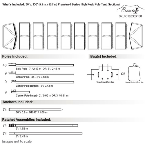 30' x 150' Premiere I Series High Peak Pole Tent, Sectional Tent Top, Complete