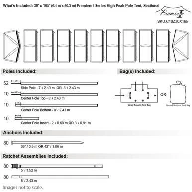 Celina Tent 30' x 165' Premiere I Series High Peak Pole Tent, Sectional Tent Top, Complete, with detailed diagram of poles, bags, connectors, and assembly components.