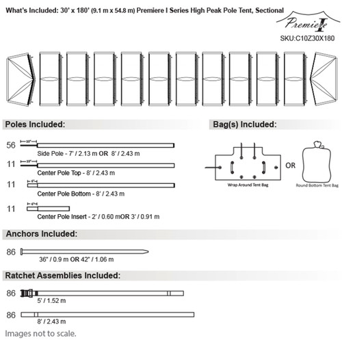 30' x 180' Premiere I Series High Peak Pole Tent, Sectional Tent Top, Complete