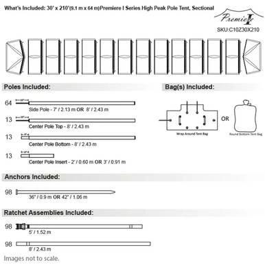 Celina Tent 30' x 210' Premiere I Series High Peak Pole Tent, Sectional Tent Top, Complete, with detailed diagram of poles, bags, anchors, and ratchet assemblies.