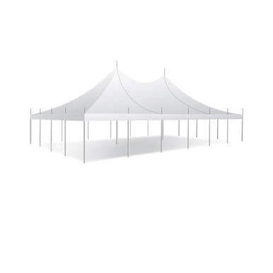 Celina Tent 30' x 45' Premiere I Series High Peak Pole Tent, Sectional Tent Top, Complete, large white outdoor event tent with high peak design and sturdy support poles.