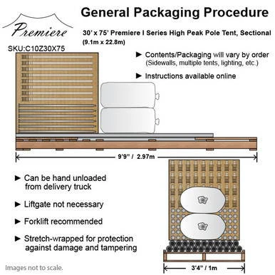 Celina Tent 30' x 75' Premiere I Series High Peak Pole Tent, Sectional Tent Top, Complete, with detailed packaging and setup instructions.