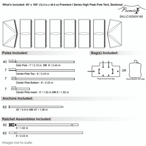 40' x 160' Premiere I Series High Peak Pole Tent, Sectional Tent Top, Complete